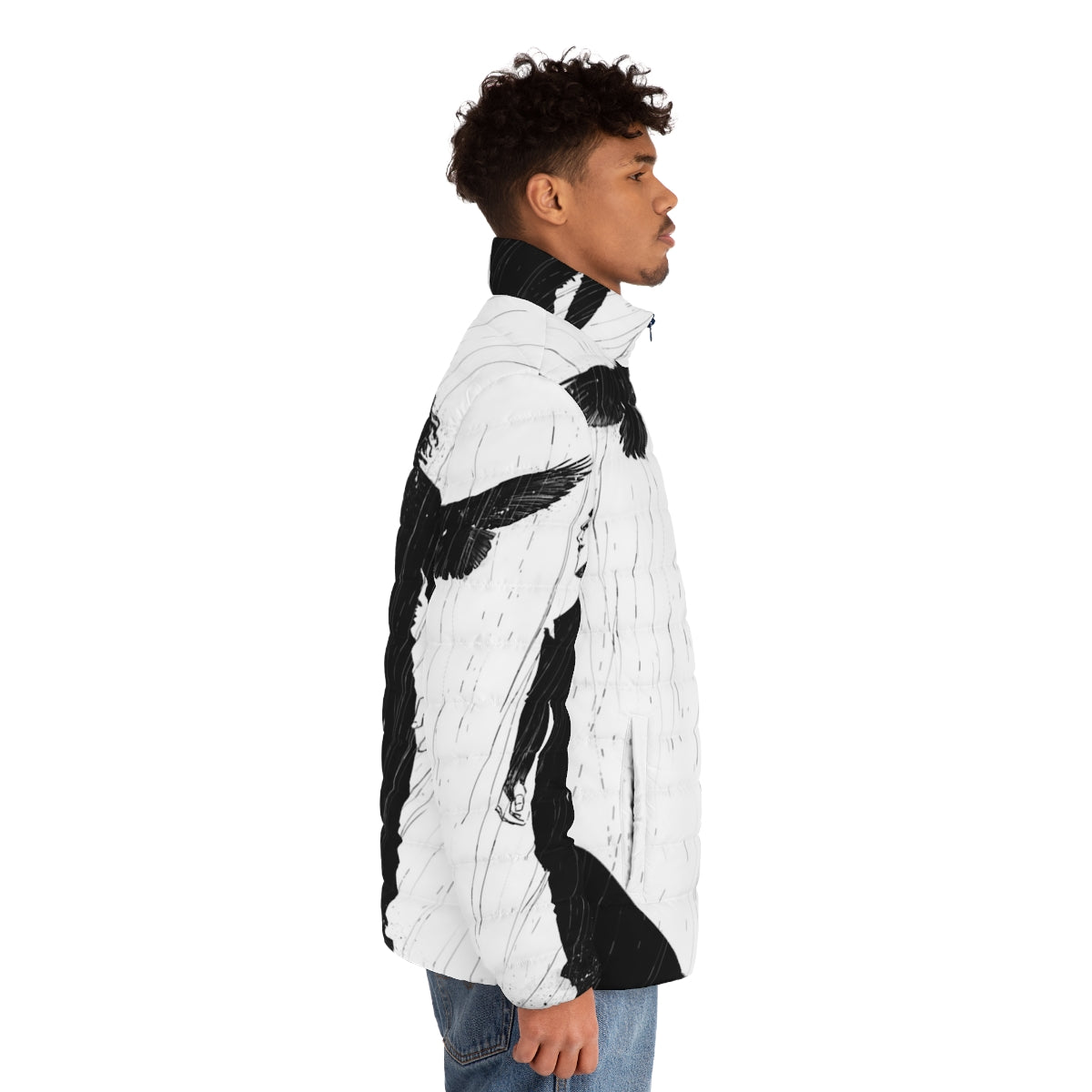 The Raven Puffer Jacket featuring Brandon Lee in a black and white photo - men side right