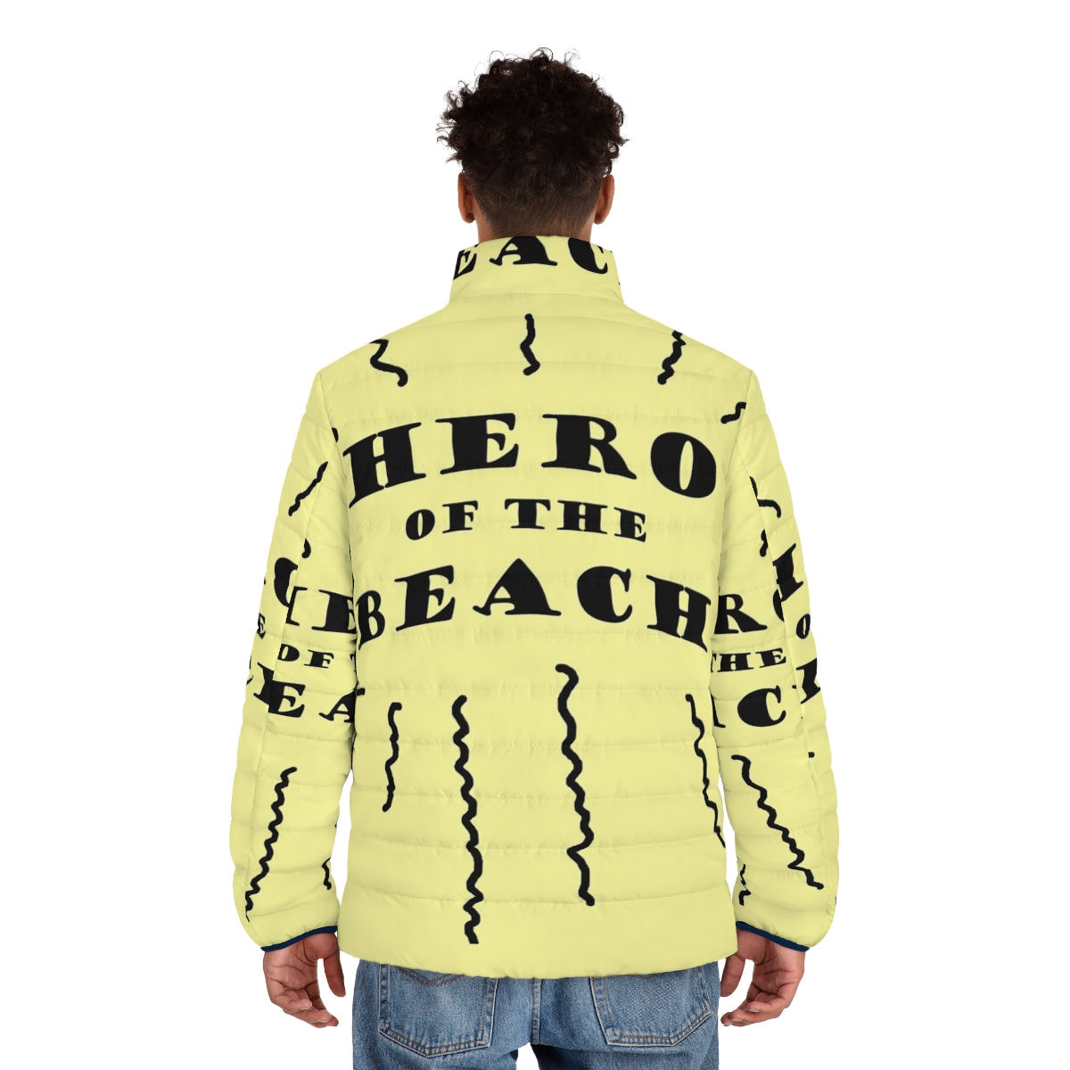 Man of Muscle Mystery Puffer Jacket, featuring a unique superhero-inspired design - men back