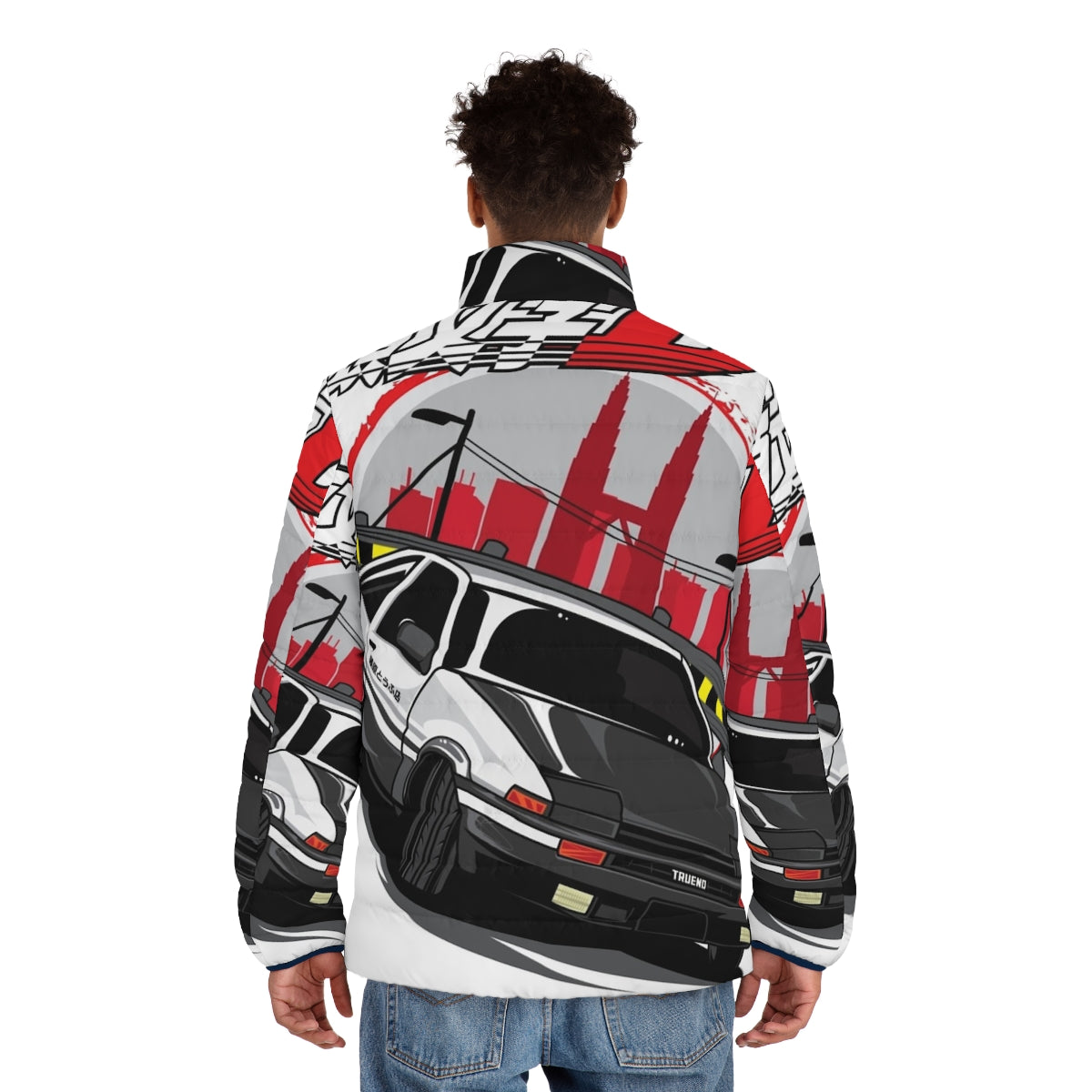 Initial D Puffer Jacket featuring the legendary Toyota Corolla AE86 "Hachi-Roku" - men back