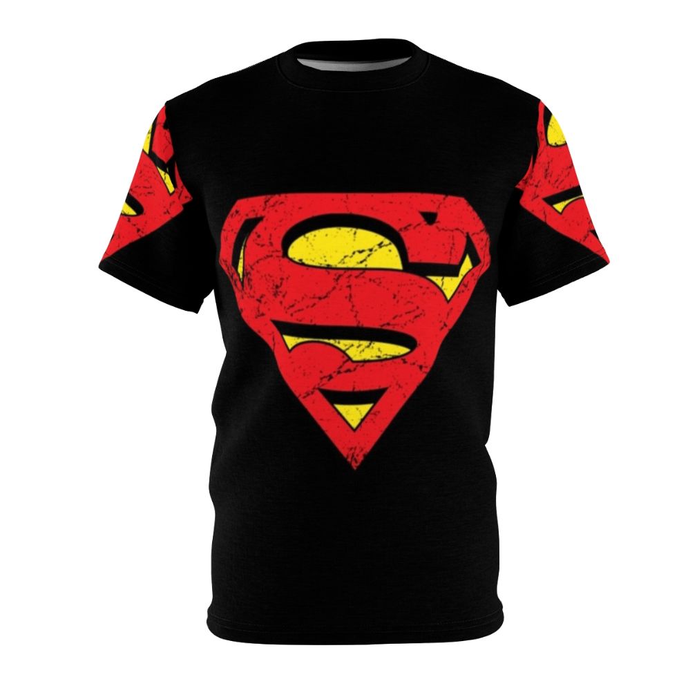 Retro-inspired t-shirt with vintage superhero logo design