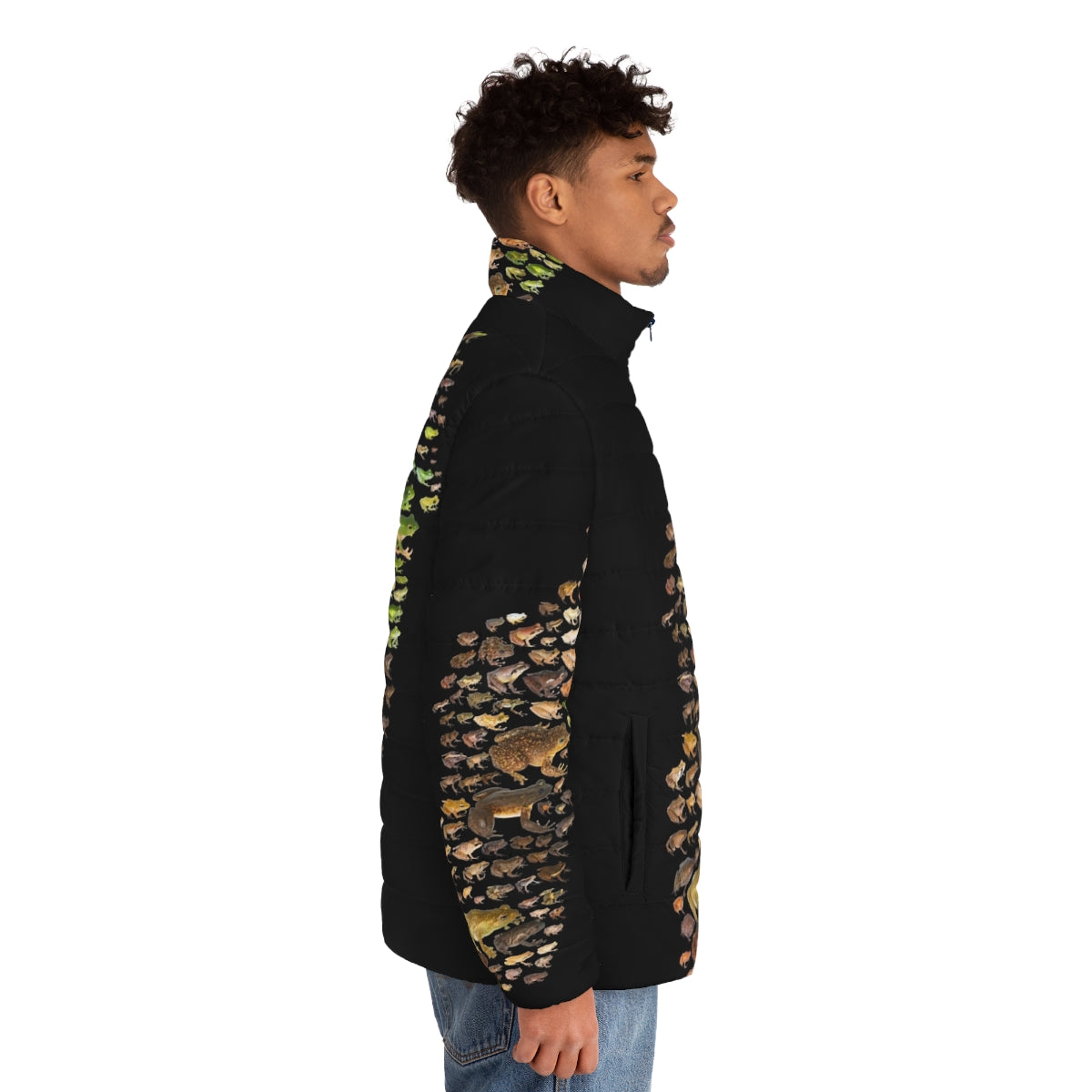 Madagascar Mantella Frogs Puffer Jacket featuring vibrant frog-inspired patterns - men side right