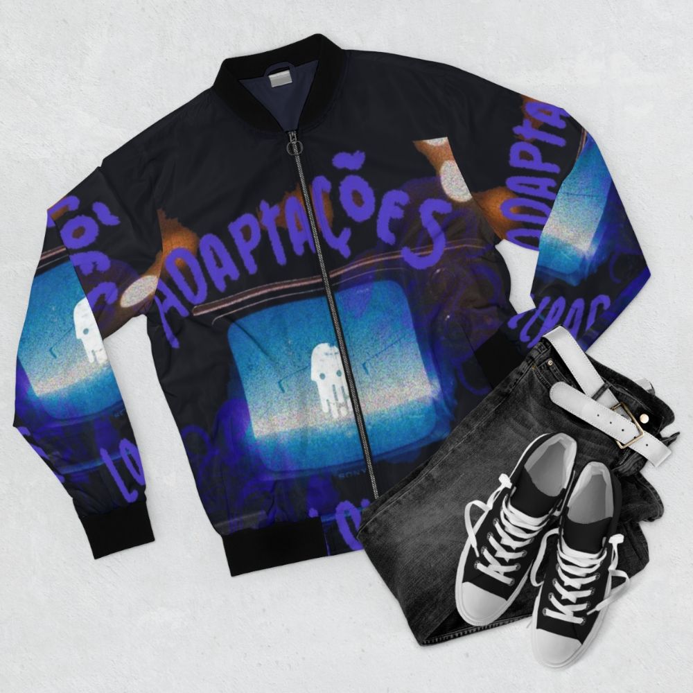 Lovecraft Country themed bomber jacket with literary and horror references - Flat lay