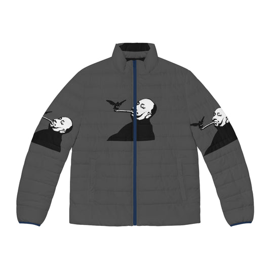 Alfred Hitchcock inspired puffer jacket featuring a graphic black and white design