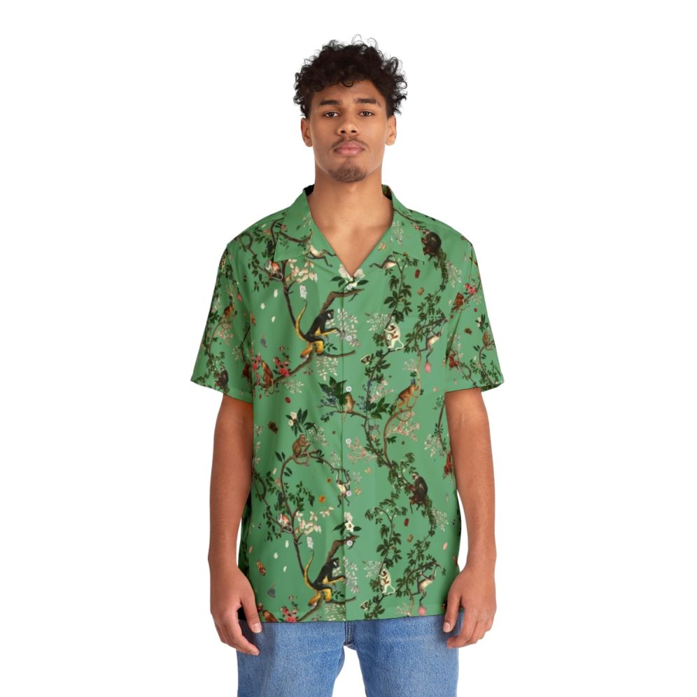 Monkey World Green Hawaiian Shirt with Lush Tropical Floral Print - People Front