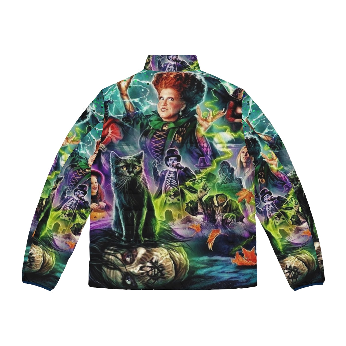 Hocus Pocus 1993 puffer jacket with witch, black cat, and other iconic imagery - Back