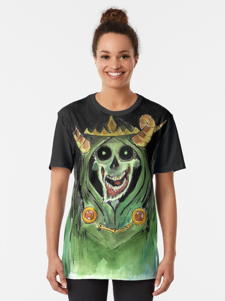 A graphic t-shirt design featuring a lich or undead sorcerer with a skull and gothic/horror elements - Women