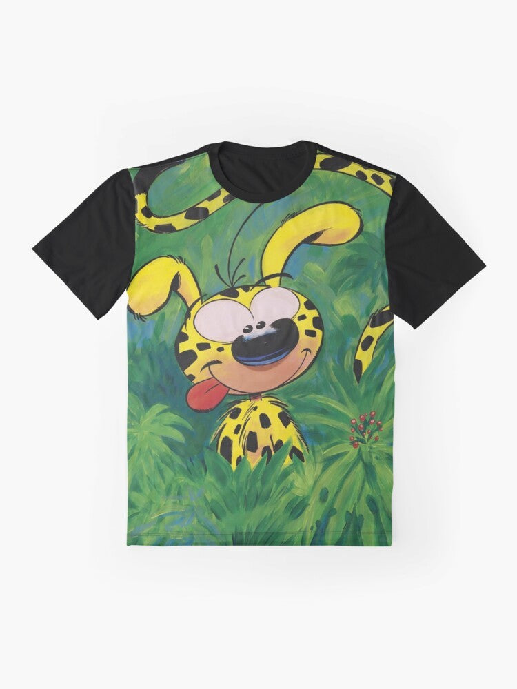 Marsupilami, the iconic comic book character, featured in a colorful and playful graphic t-shirt design. - Flat lay