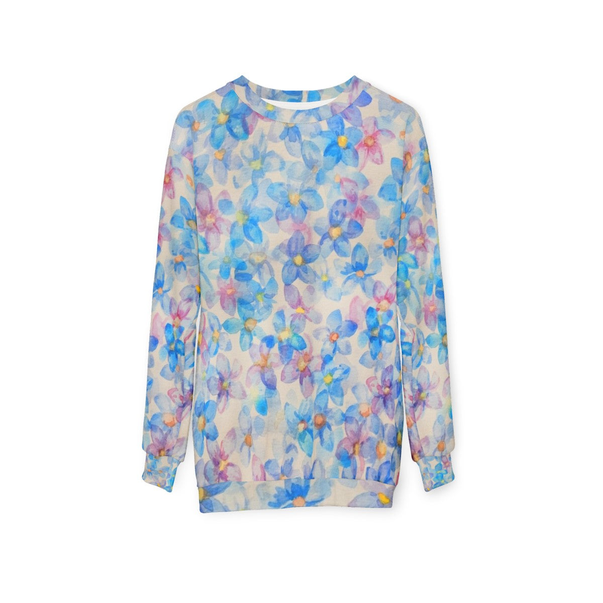 Blue watercolor flower buds painting on sweatshirt - hanging