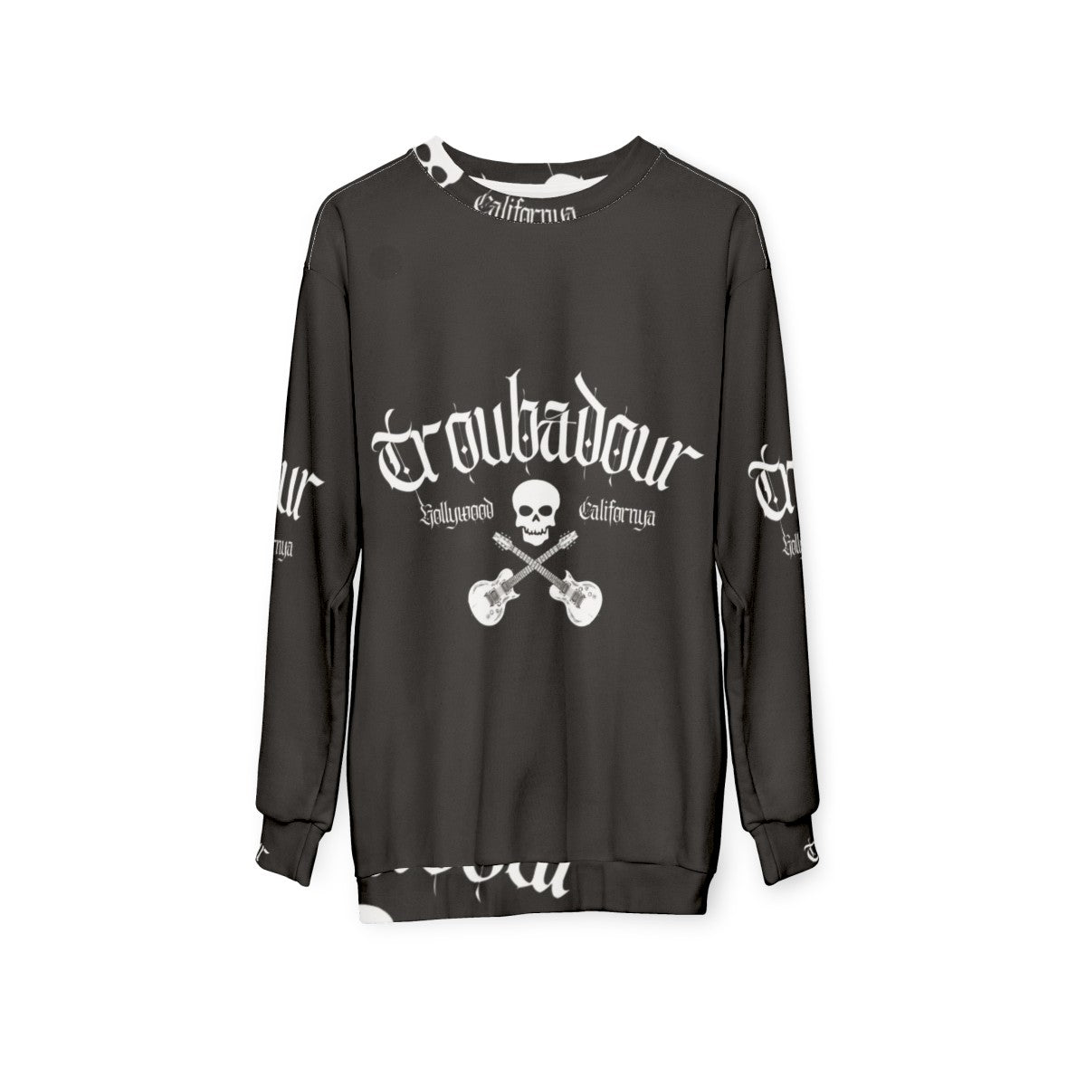 Troubadour Sweatshirt featuring classic 80s rock band skull graphic - hanging