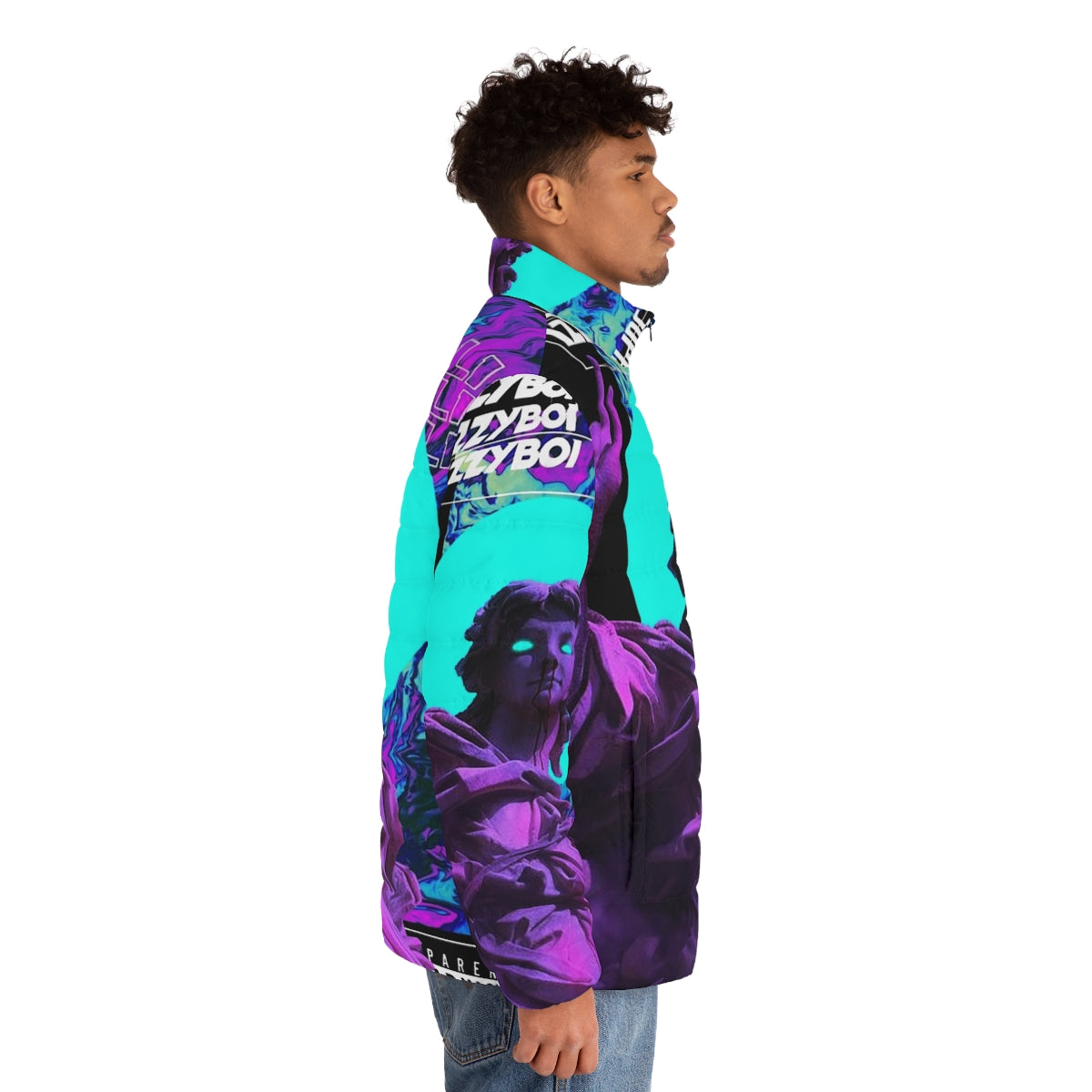 Vaporwave inspired puffer jacket with futuristic cyberpunk design - men side right