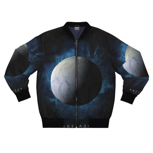 Enceladus space-themed bomber jacket with Saturn, moon, and cosmic elements