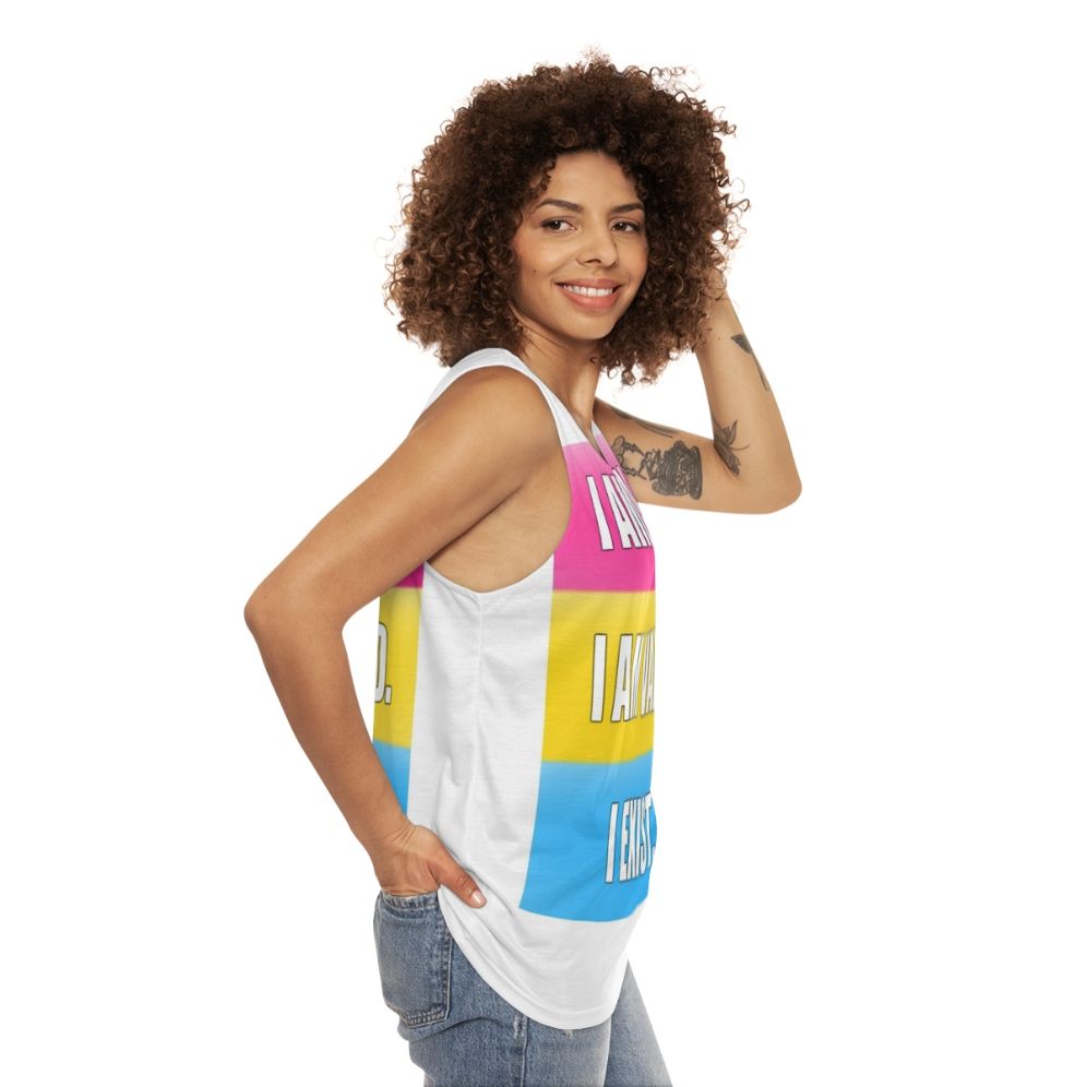 Pansexual pride unisex tank top with the text "I Am Real, I Am Valid, I Exist" - women side