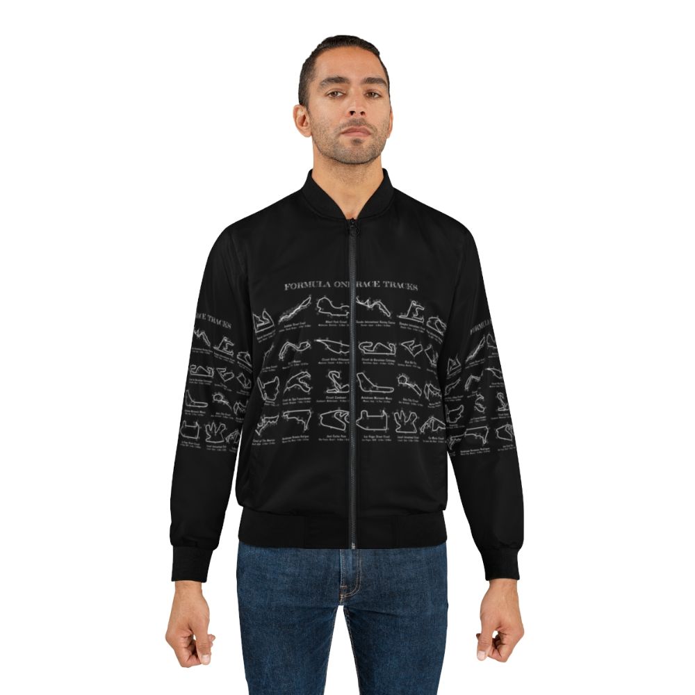 F1 Race Tracks Bomber Jacket with White Stencil Design - Lifestyle