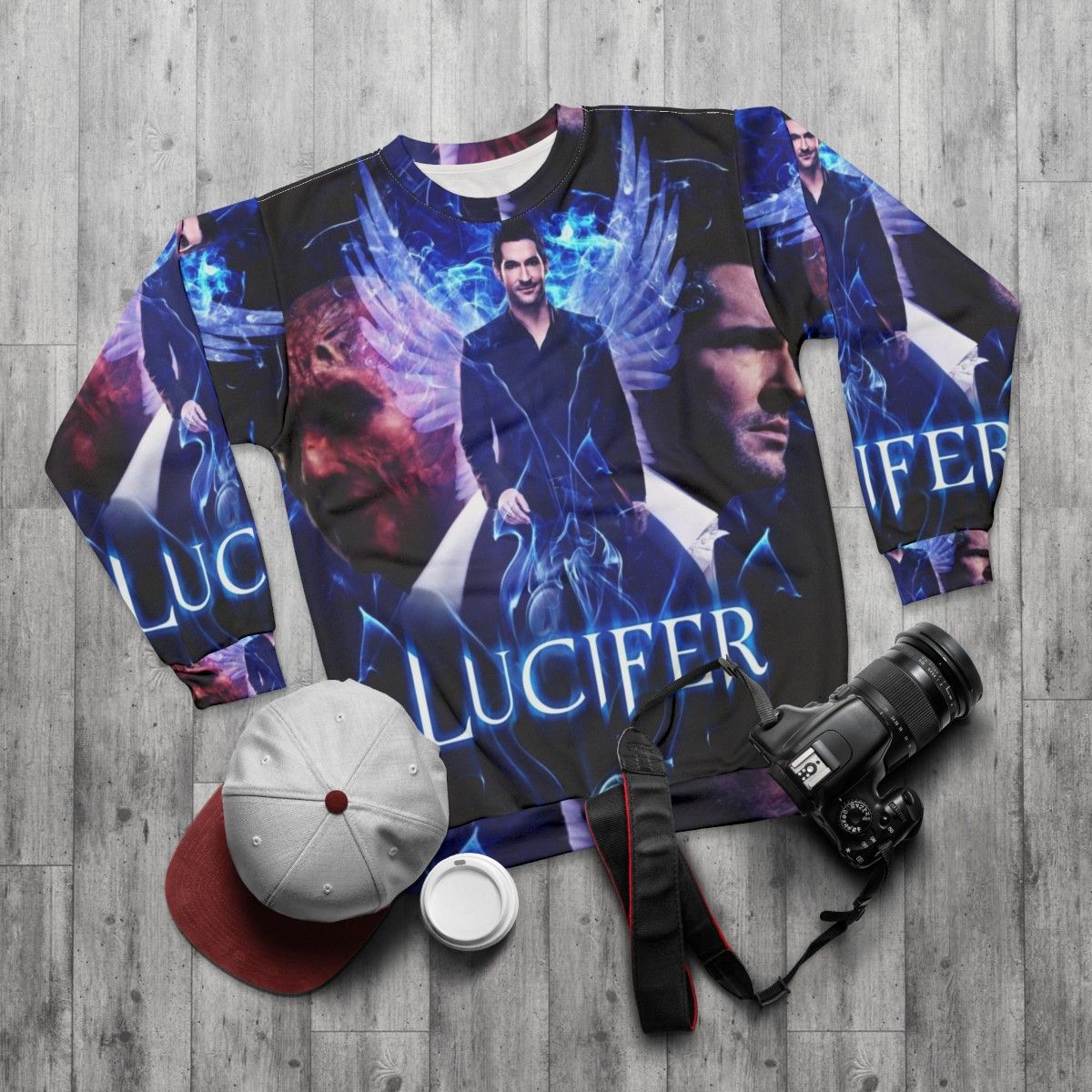 Lucifer Morningstar Devil Vs Angel Sweatshirt - flat lay