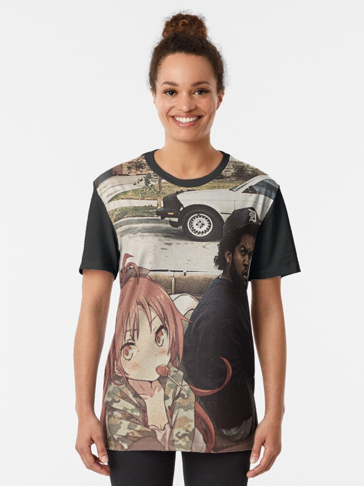 Anime-inspired graphic t-shirt featuring Kyoko Sakura from the Puella Magi Madoka Magica series - Women