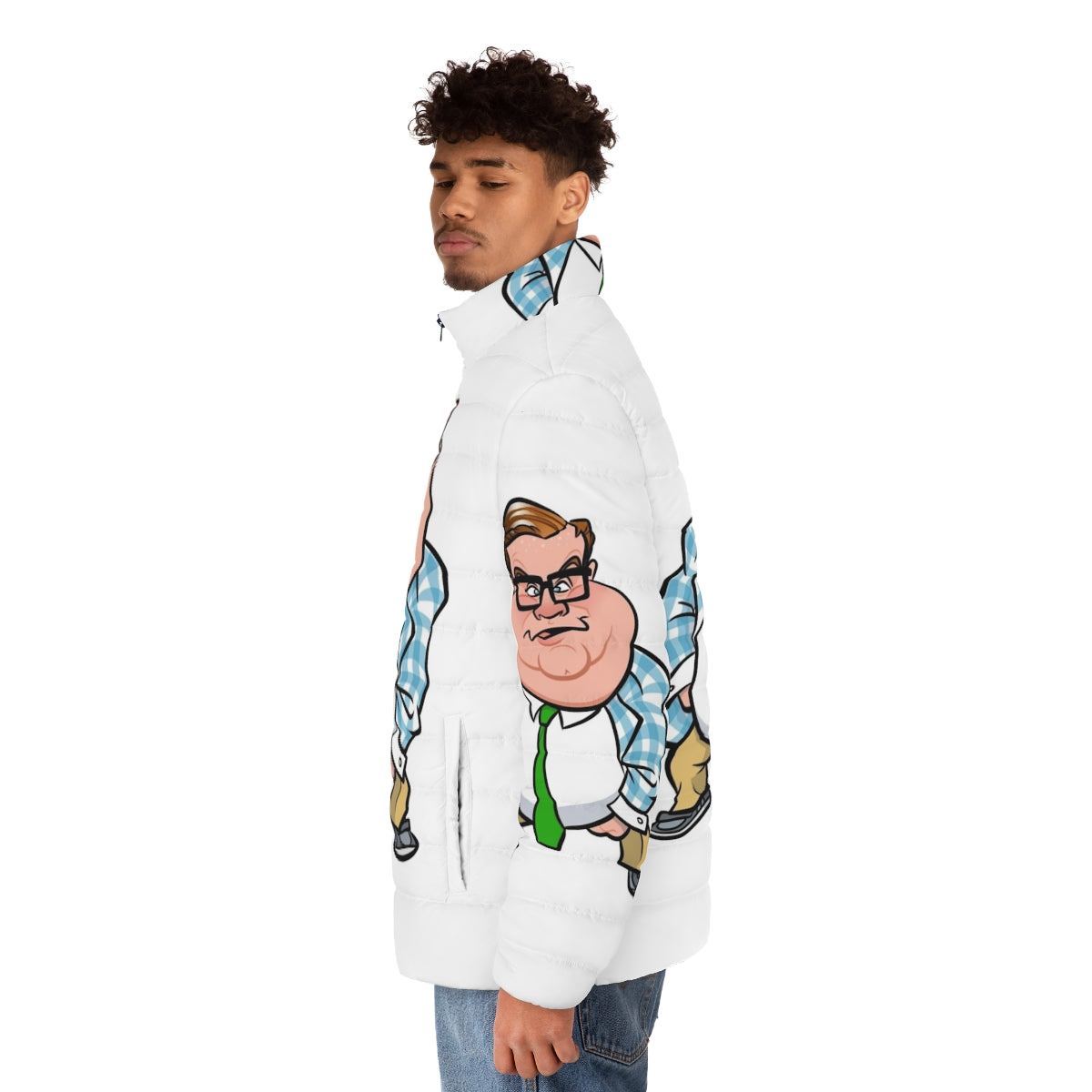 Matt Foley Puffer Jacket featuring a caricature of the iconic SNL character - men side left