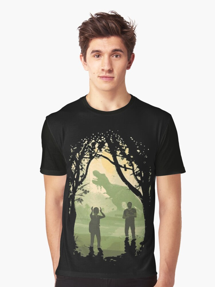 The Last of Us Part II Graphic T-Shirt for Gamers featuring Ellie and Joel in a post-apocalyptic setting - Men