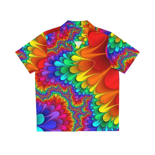 Psychedelic rainbow Hawaiian shirt with vibrant, tropical colors