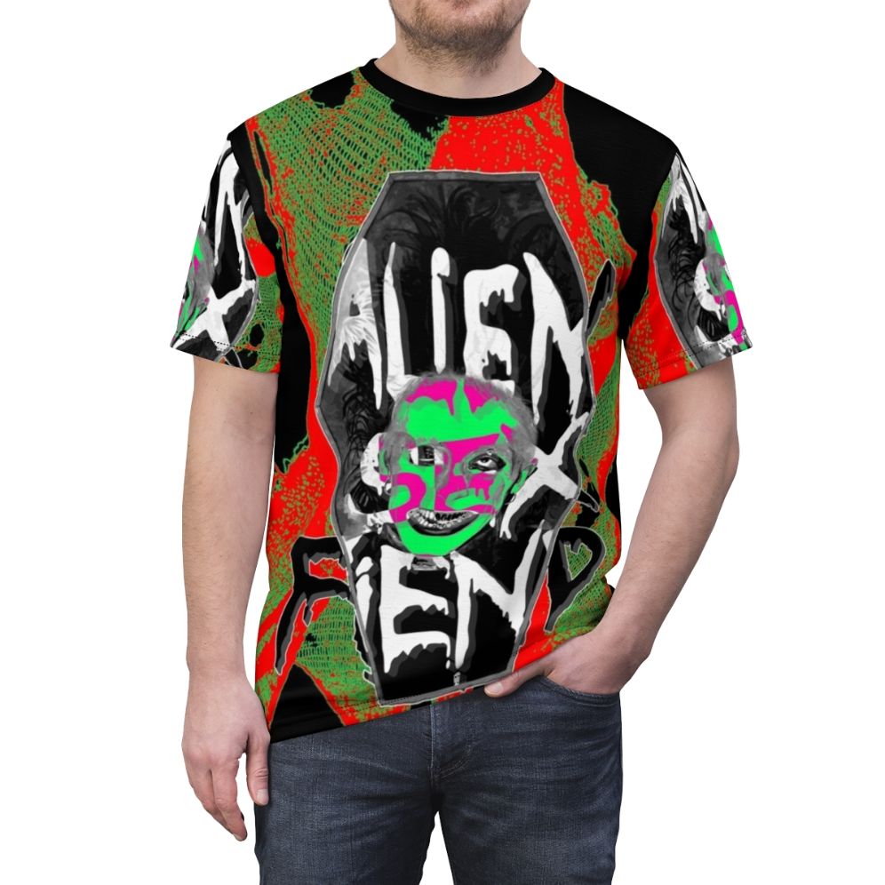 Alien-inspired goth-industrial t-shirt featuring Alien Sex Fiend band logo and graphics - men front