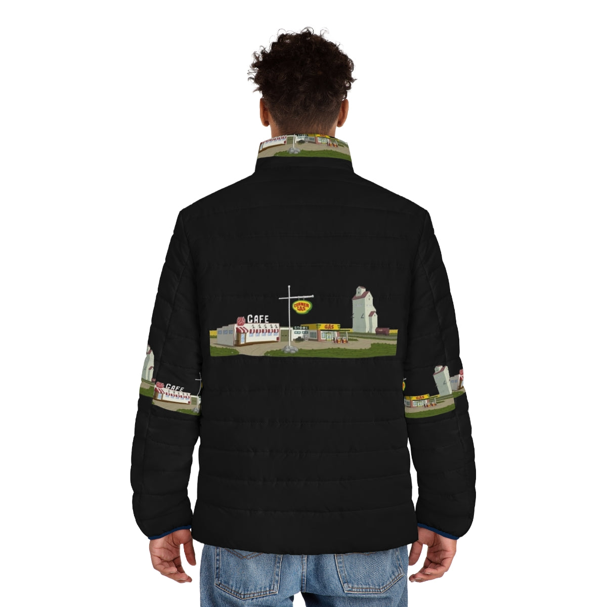 Corner Gas themed puffer jacket with logo - men back