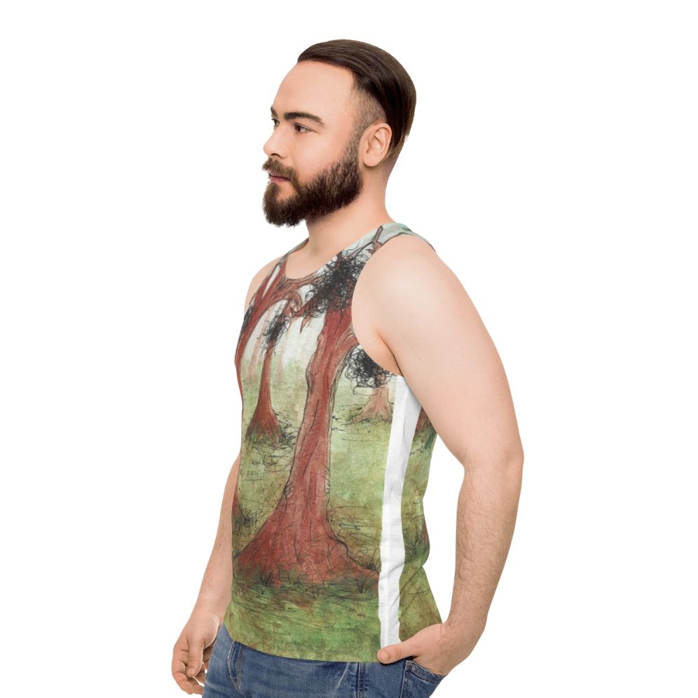 Whimsical abstract watercolor forest landscape unisex tank top - men side