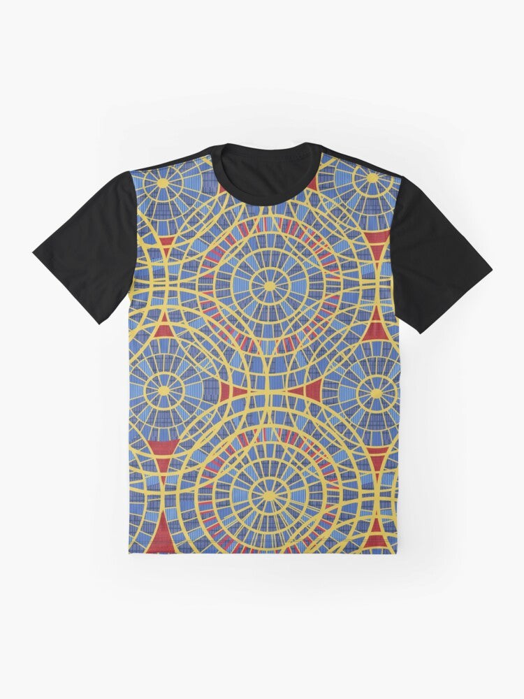 Dragon Con Marriott Carpet Graphic T-Shirt with a colorful pattern of red, blue, yellow, and diamond shapes - Flat lay