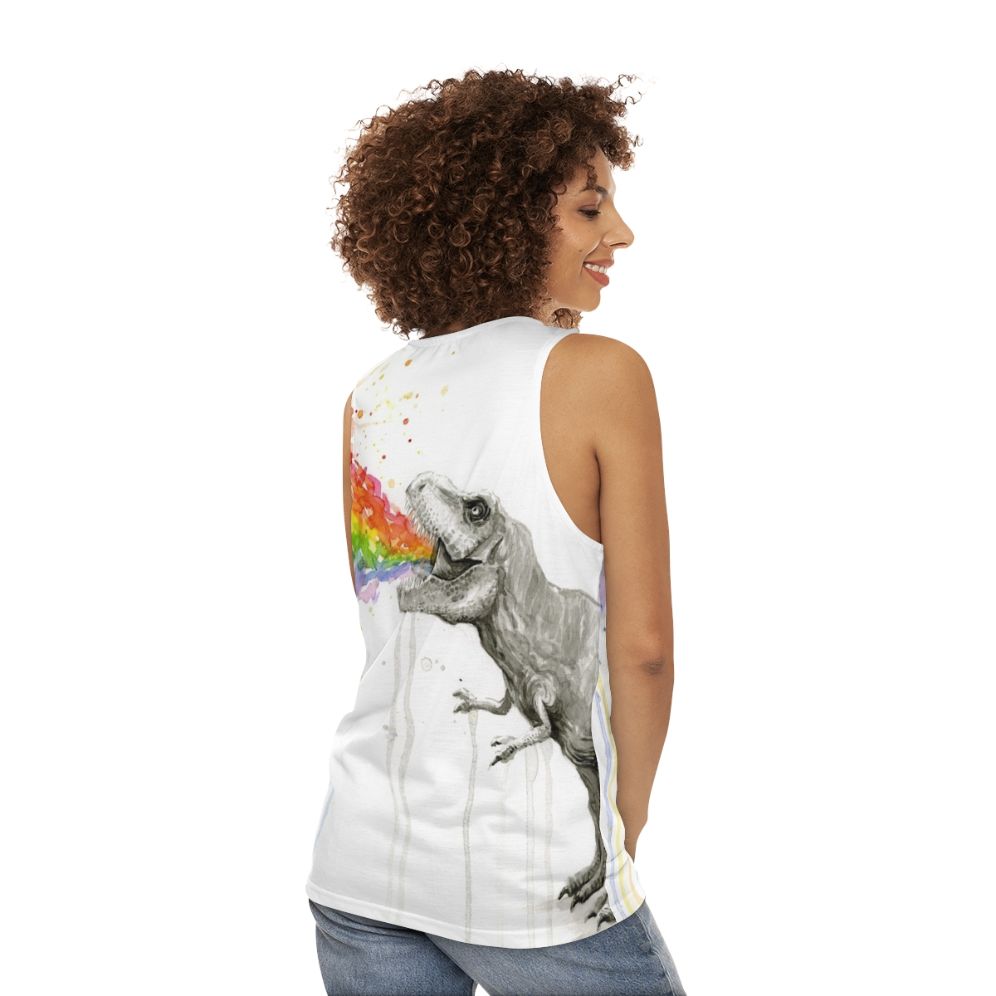 Dinosaur rainbow watercolor unisex tank top - women back