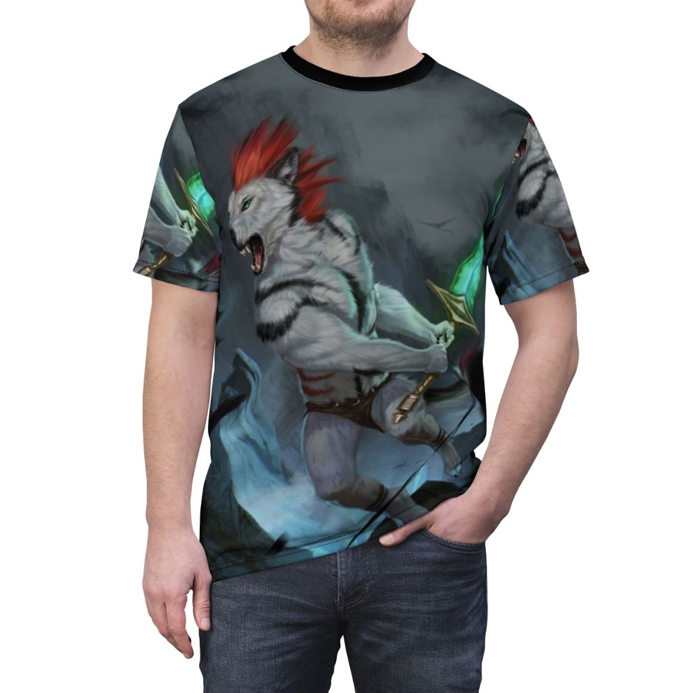 Captivating digital art t-shirt featuring an anthro wolf in a fantasy battle scene. - men front