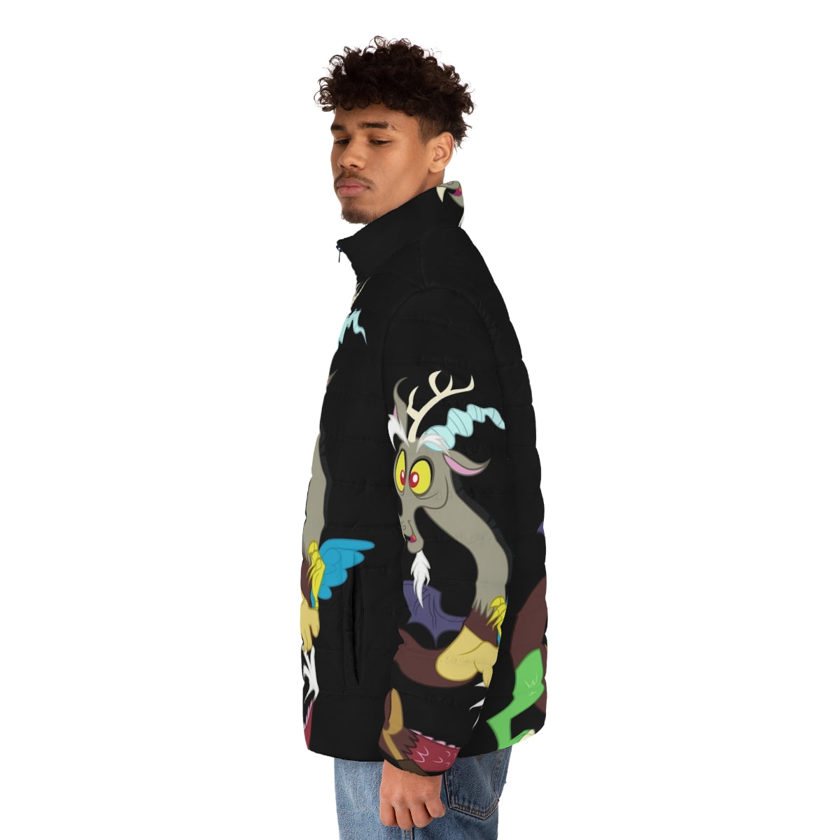 A cozy puffer jacket featuring the character Discord, the draconequus from My Little Pony. - men side left