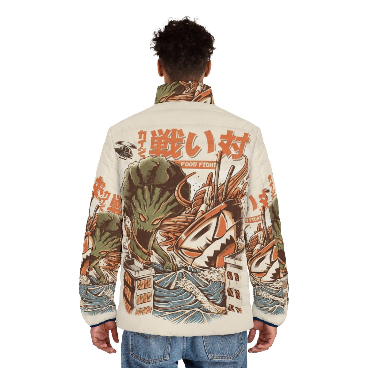 A stylish puffer jacket featuring a design of ramen kaiju fighting broccoli, perfect for anime and food lovers. - men back