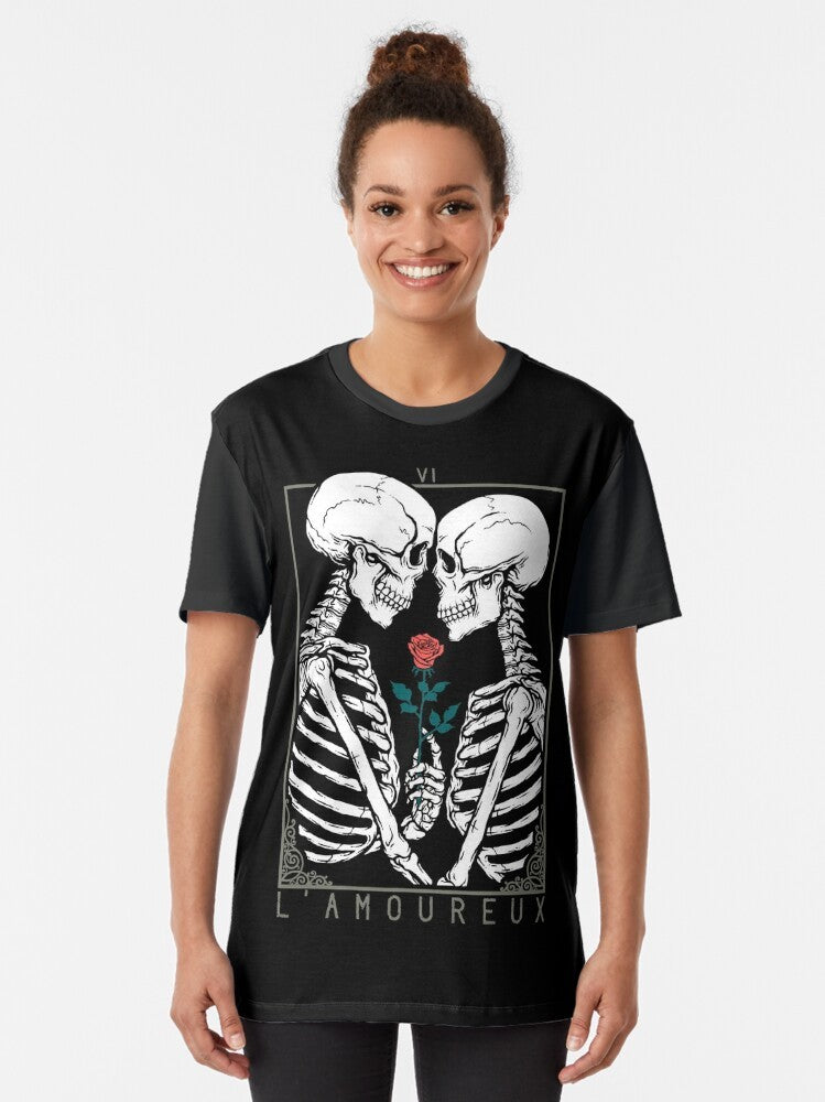 The Lovers tarot card graphic design with skulls, flowers, and a couple kissing on a gothic t-shirt. - Women