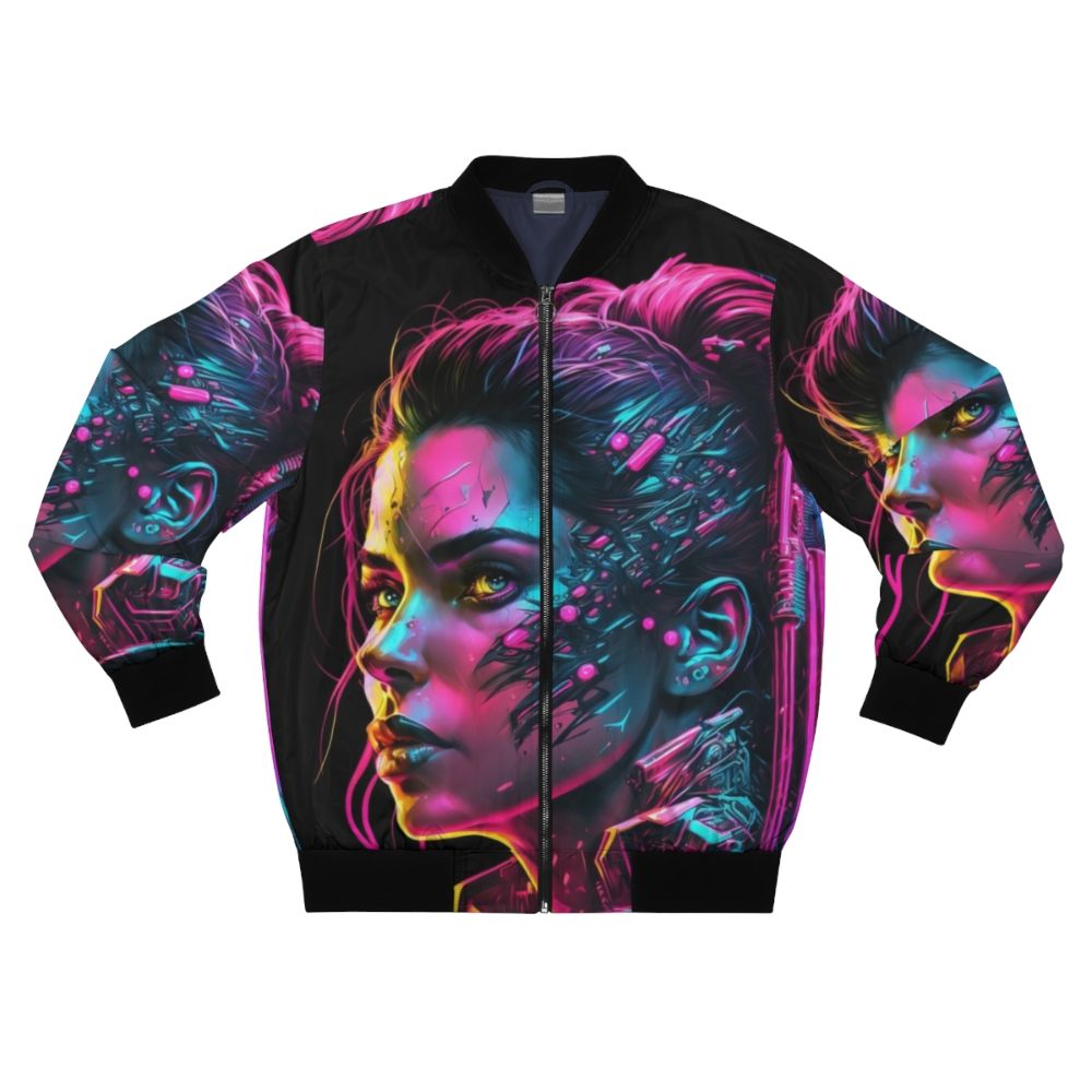 A futuristic-styled bomber jacket with cyberpunk elements and a hybrid design for women.