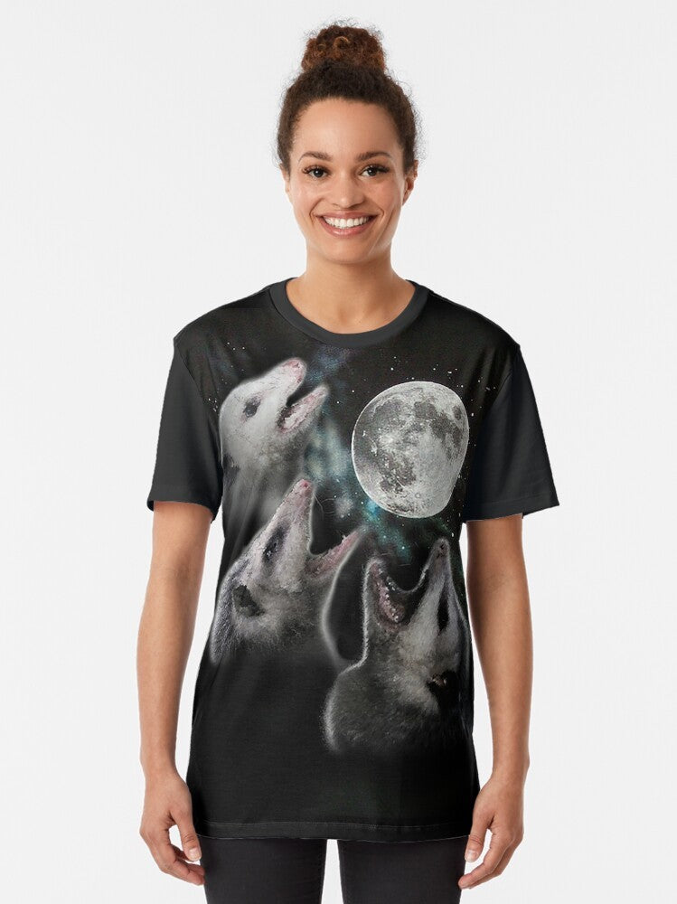 3 Opossum Moon Graphic T-Shirt with a unique opossum and moon design - Women