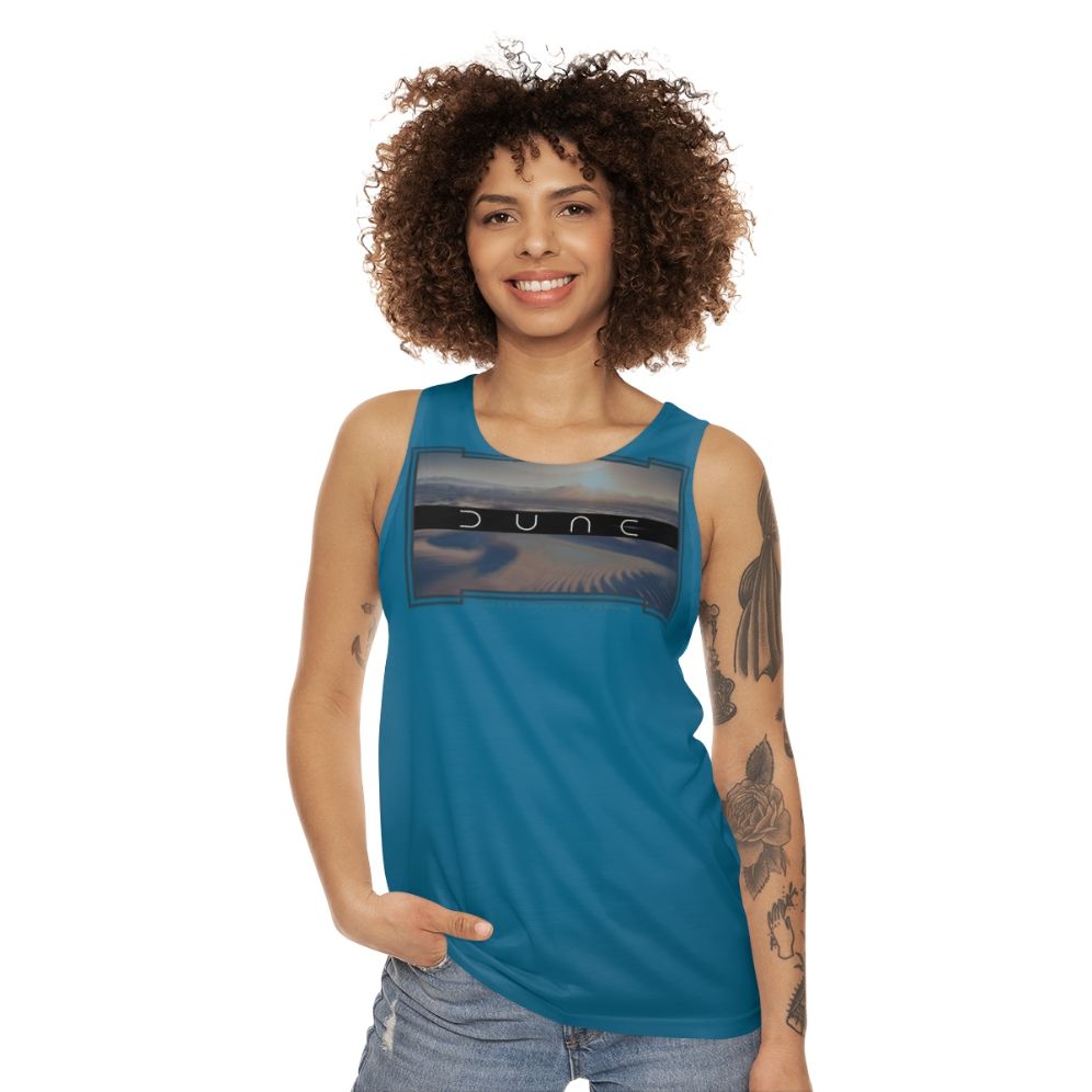 Dune-inspired unisex tank top with desert planet and two moons design - women