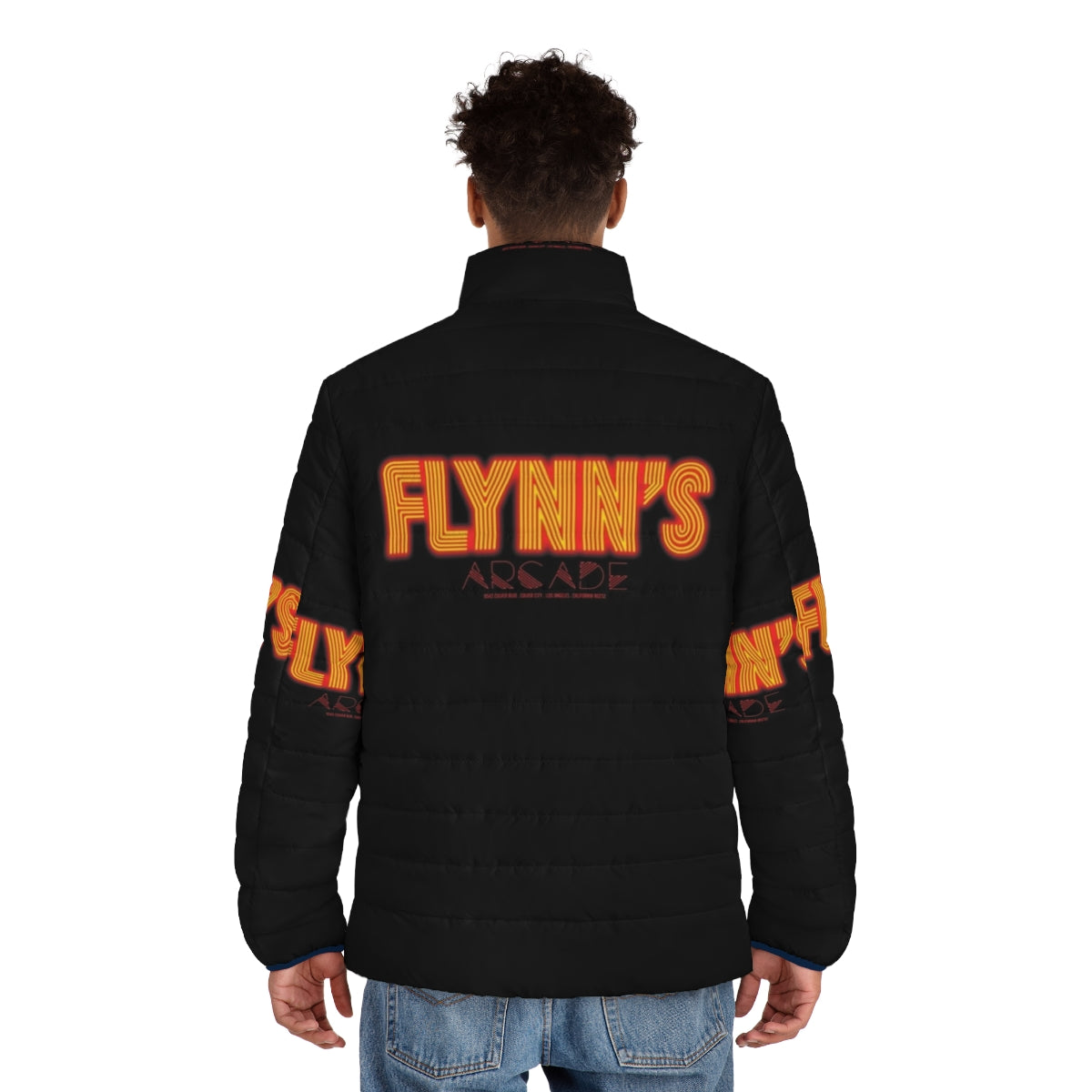 Tron Legacy inspired puffer jacket featuring Flynn's Arcade logo - men back