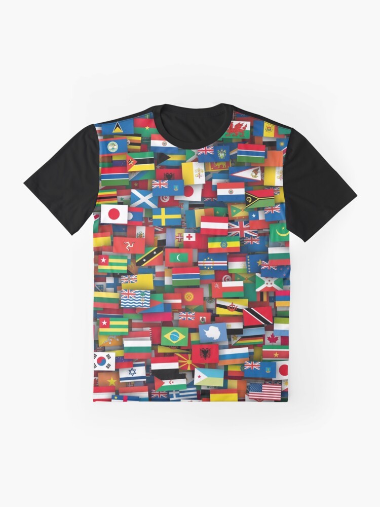 A graphic t-shirt featuring the flags of all countries in the world. - Flat lay