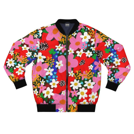 Colorful and vibrant floral bomber jacket with a retro flower power design