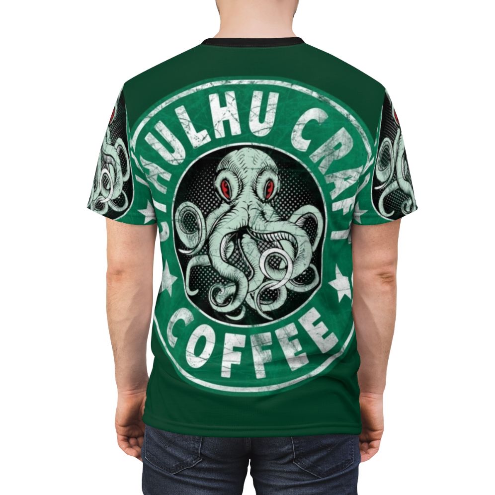 Cthulhu-inspired graphic t-shirt featuring an octopus-like monster and coffee cup design - men back