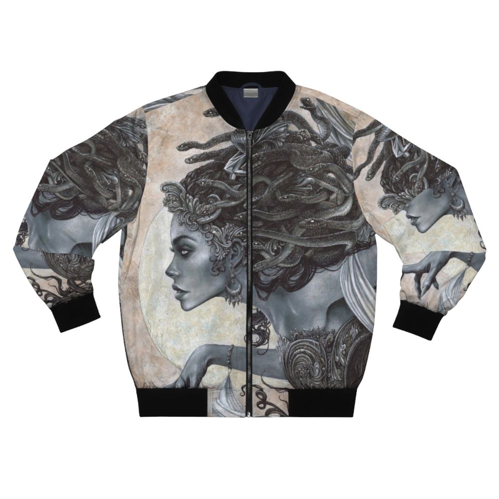 Medusa Inspired Bomber Jacket with Illustrated Cartoon Gorgon Portrait and Snakes for Hair