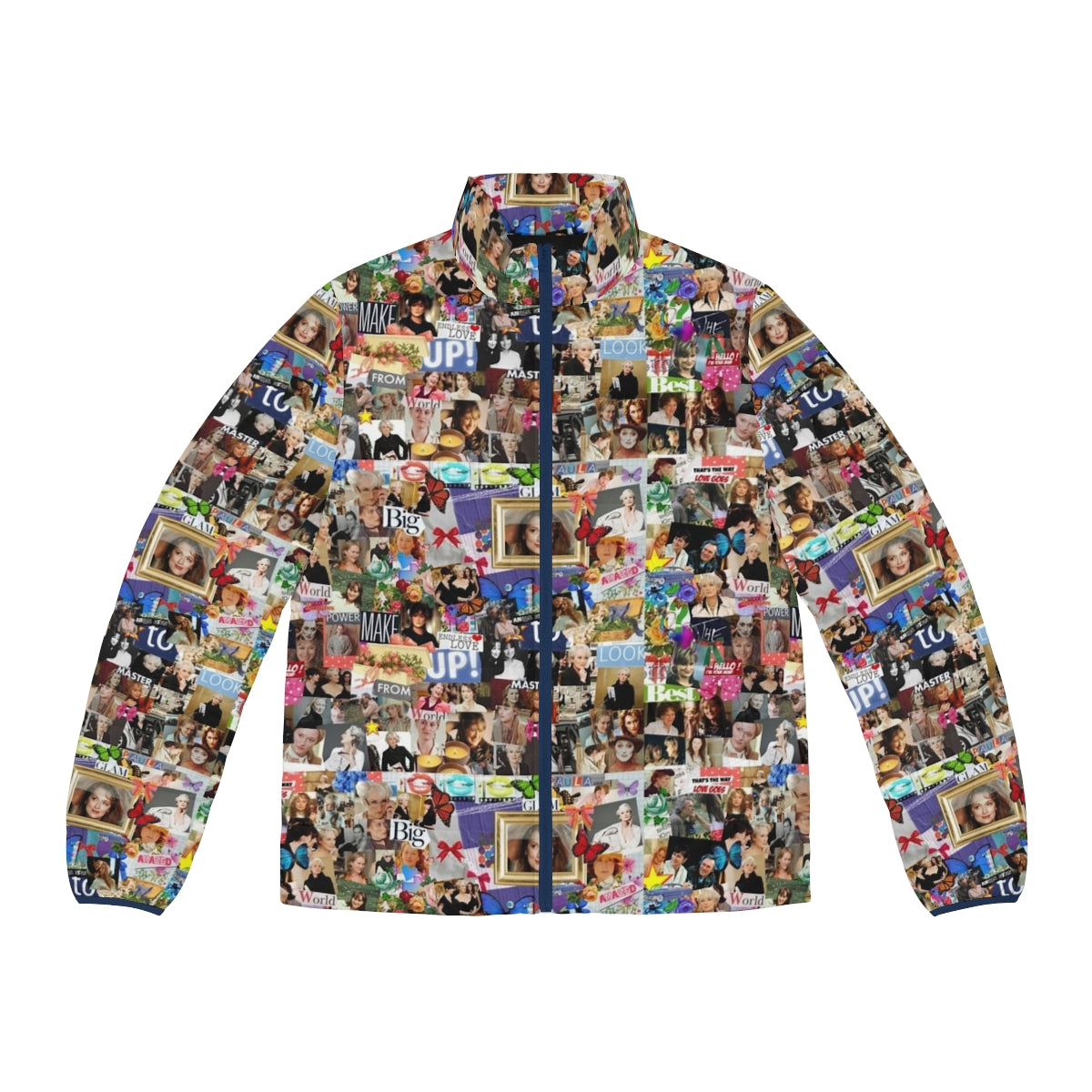 Meryl Streep Collage Puffer Jacket featuring a vibrant photographic collage of the iconic actress