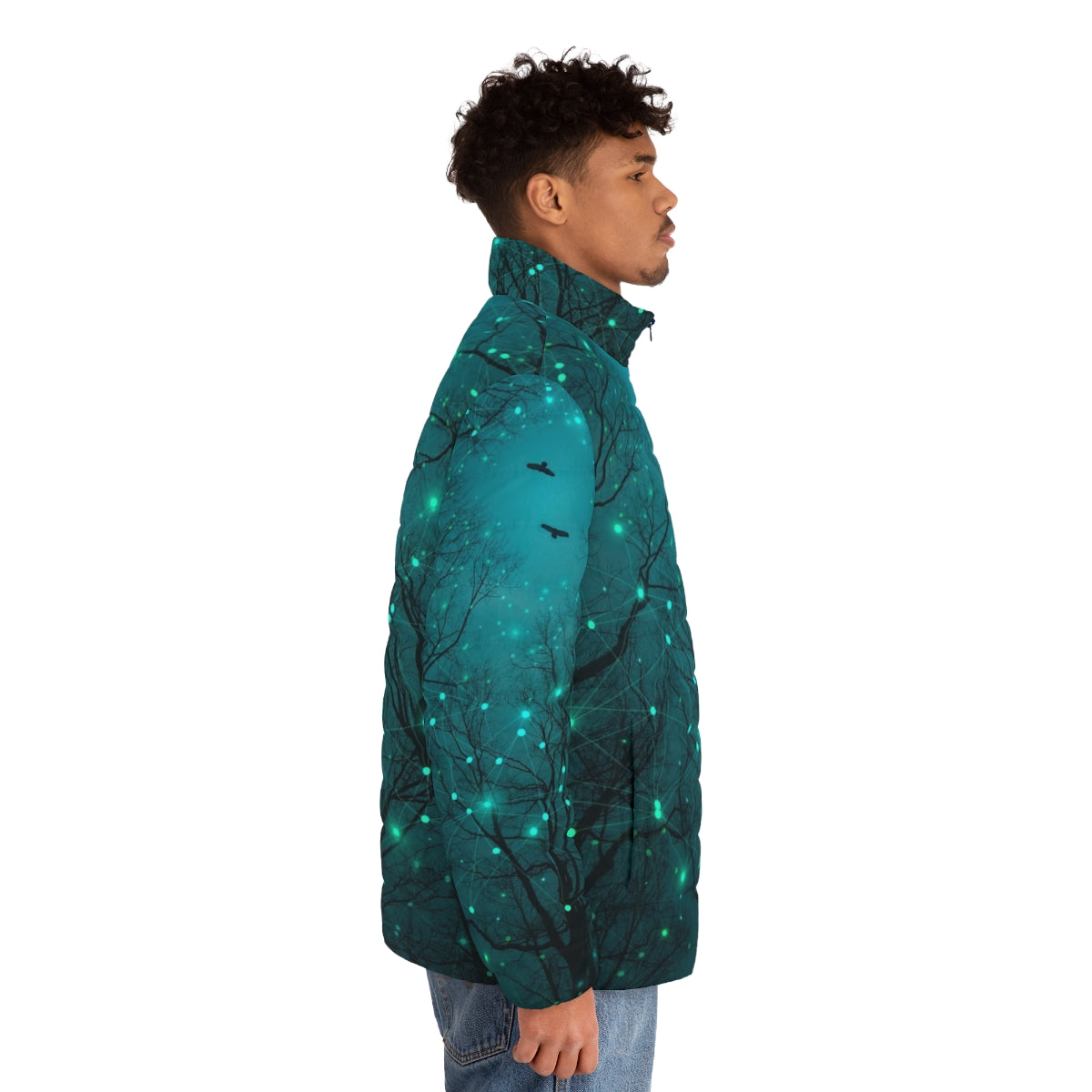 Puffer jacket featuring a glow-in-the-dark design of abstract tree silhouettes against a starry night sky - men side right