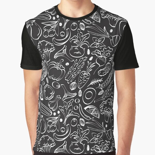 Vegetable Pattern Graphic T-Shirt featuring a colorful design of various vegetables like squash, broccoli, onion, garlic, and more.