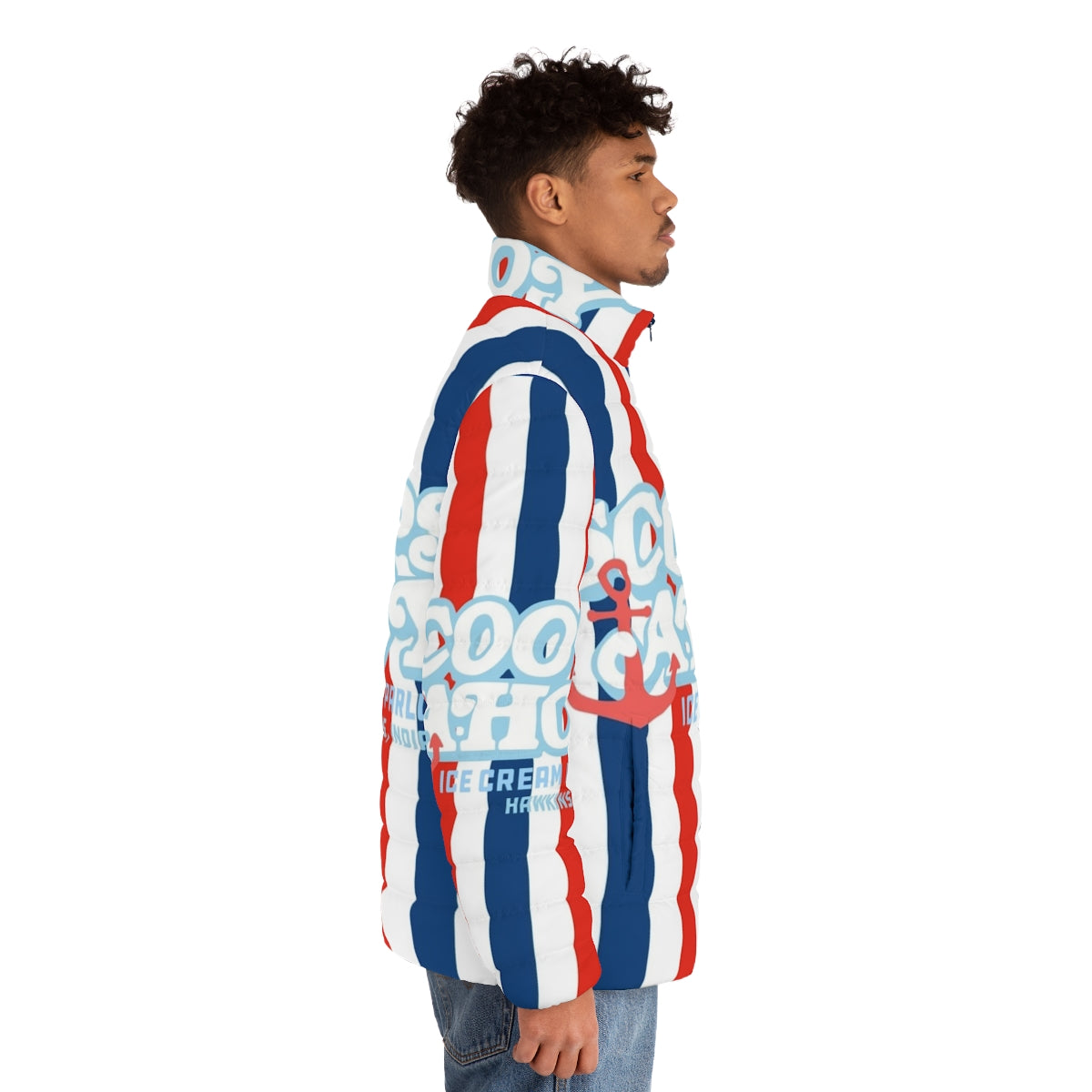 Scoops Ahoy Ice Cream Puffer Jacket featuring Stranger Things characters - men side right