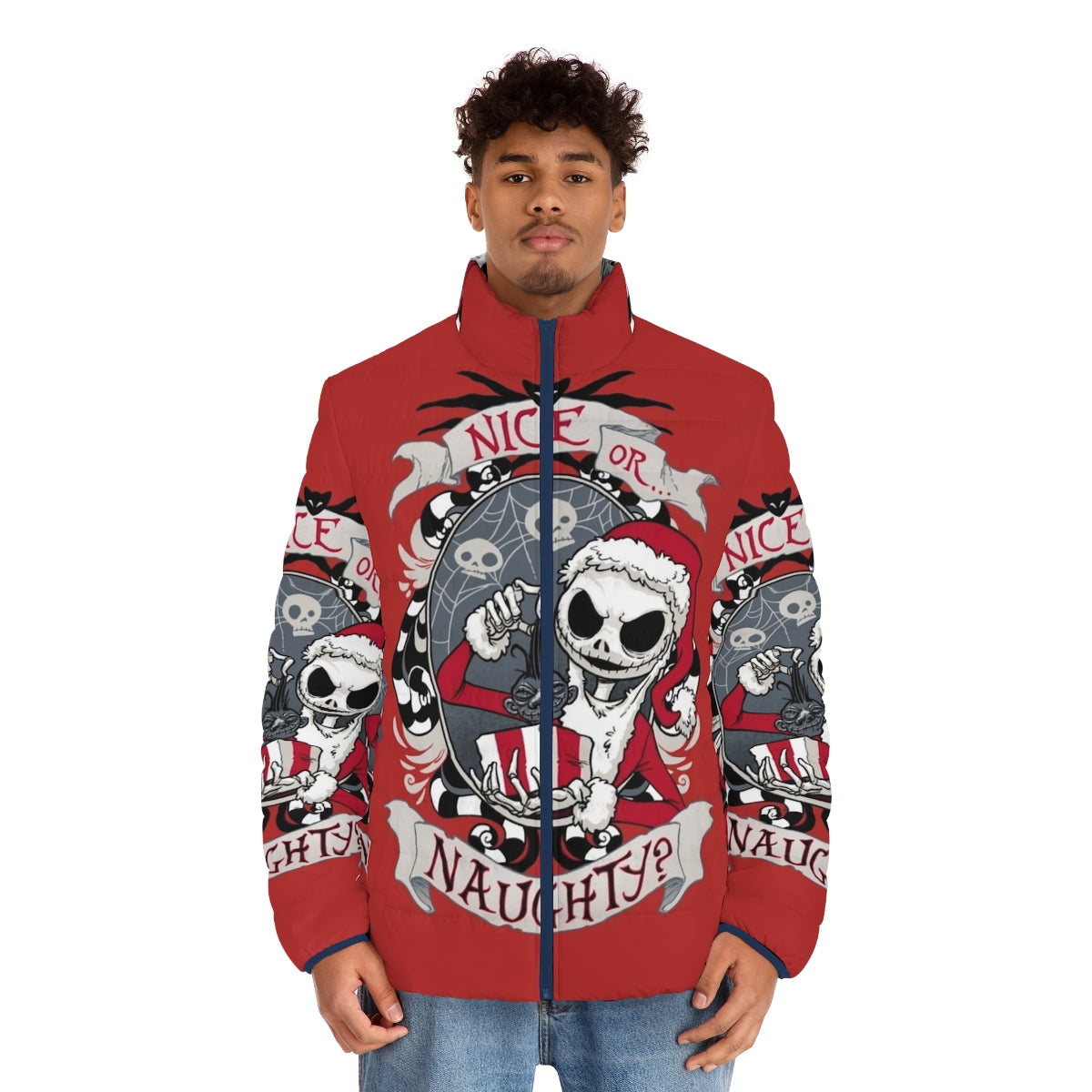 Scary Santa Puffer Jacket featuring Jack Skellington and Nightmare Before Christmas inspired design - men front