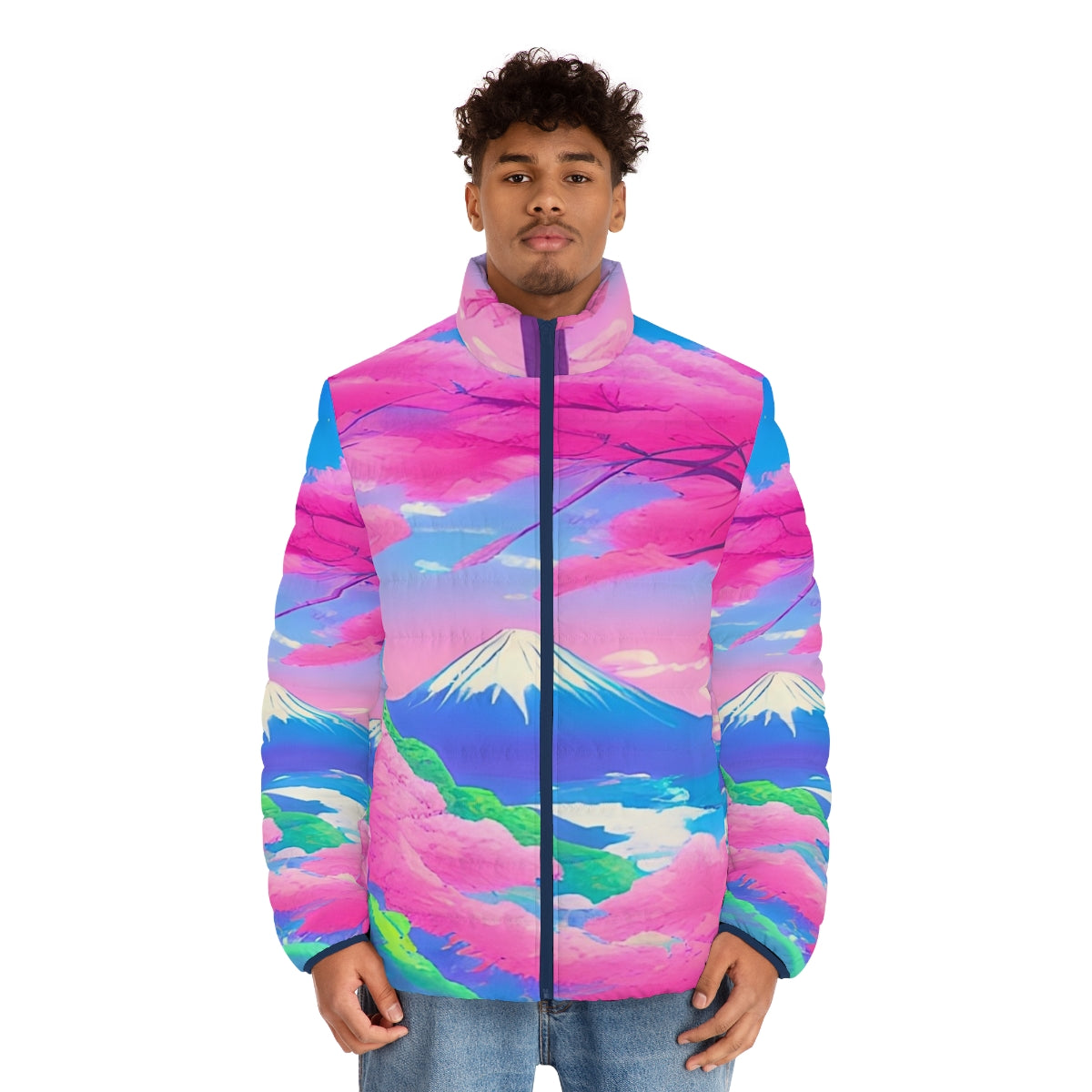 Sakura landscape puffer jacket featuring a vibrant, Japanese-inspired design with cherry blossoms and Mount Fuji - men front