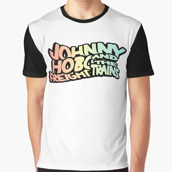 Johnny Hobo and the Freight Trains Graphic T-Shirt featuring a folk punk design with a Hobo, trains, and anarchist symbols