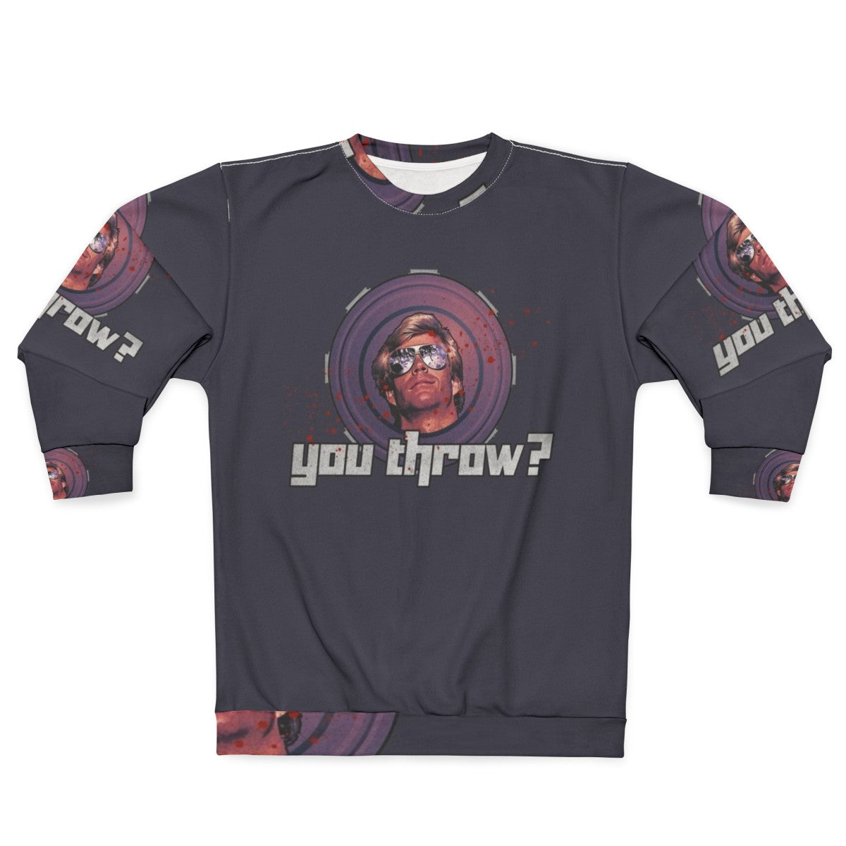 80s inspired "You Throw" sweatshirt with frisbee and action movie graphics