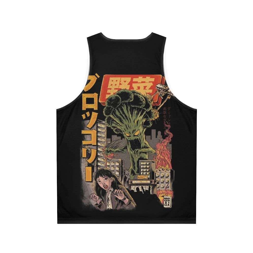 Unisex anime broccoli tank top with retro Broccozilla horror design - Back