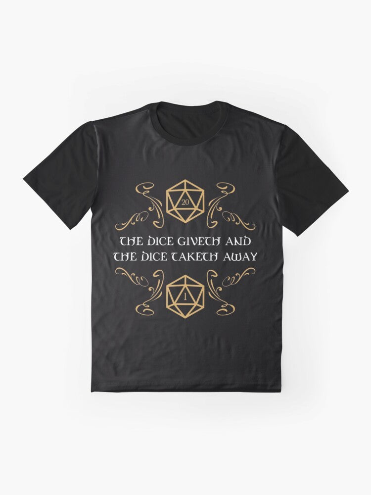 Dungeons and Dragons t-shirt featuring a graphic design of dice with "The Dice Giveth and Taketh Away" text and "Natural 20" and "Critical Fail" icons. - Flat lay