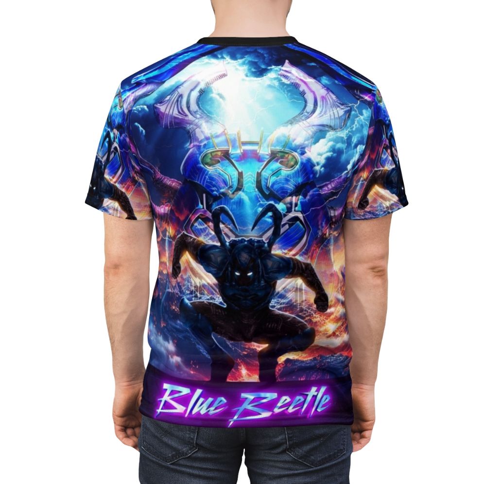 Stylized image of the Blue Beetle superhero character on a t-shirt - men back